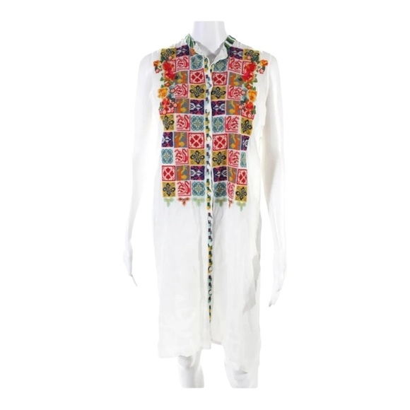 JOHNNY WAS Torreya White Multicolor Embroidered Button Down Sleeveless Dress S - Picture 6 of 10